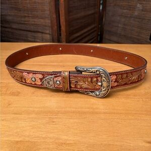 Floral Embossed Leather Belt with Ornate Buckle
